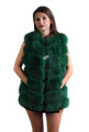 cypress green fox fur vest on model with black mini skirt and white blouse