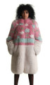 multicolor knee length fox fur coat fully let out with white skirt and floral pattern on upper half