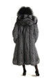 rear view of lomg  fully let out saga silver fox fur coat with hood