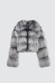 Charcoal Fox Fur Bomber Jacket Hooded ghost mannequin 