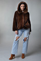 Mahogany Hooded Mink Fur Bomber Jacket  on model hood on