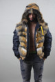 blue mens fur lined parka with hood