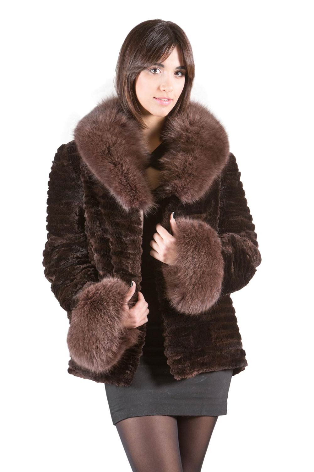 Brown Sculpted Beaver Fur Jacket Fox Fur Collar and Cuffs