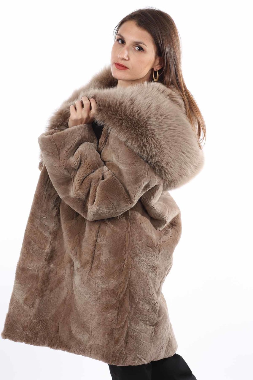 Light Brown Sheared Beaver Fur Coat Hooded with Fox Lining