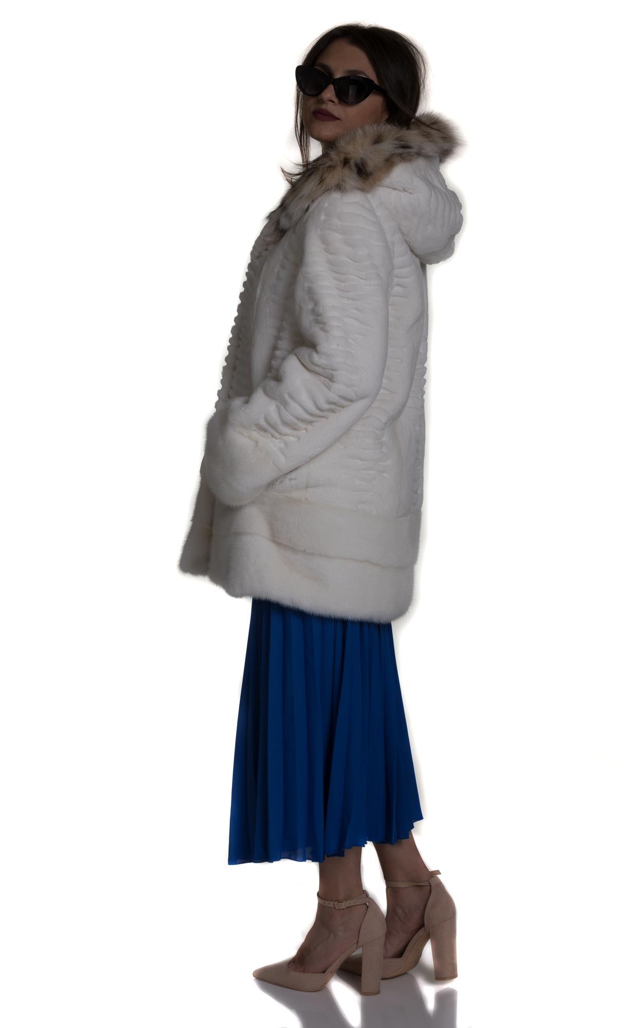 White sheared Mink Fur Coat with Lynx Hood Laser Sculpted