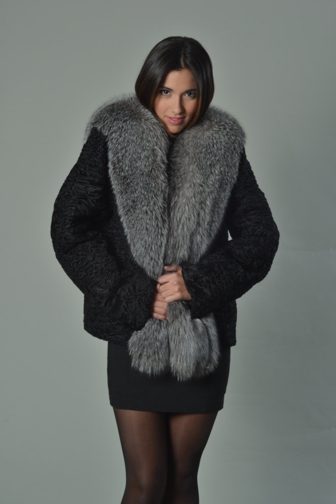 Black Persian Lamb Fur Jacket with Fox Collar Annette