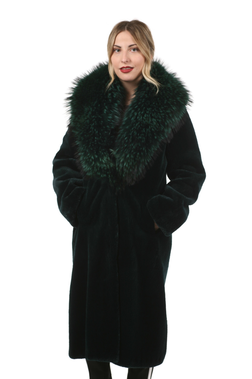 Green Mink Fur Coat Fin Racoon Collar | SKANDINAVIK FUR