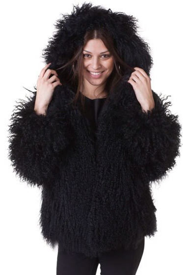 Black Mongolian Lamb Fur Coat Hooded | SKANDINAVIK FUR