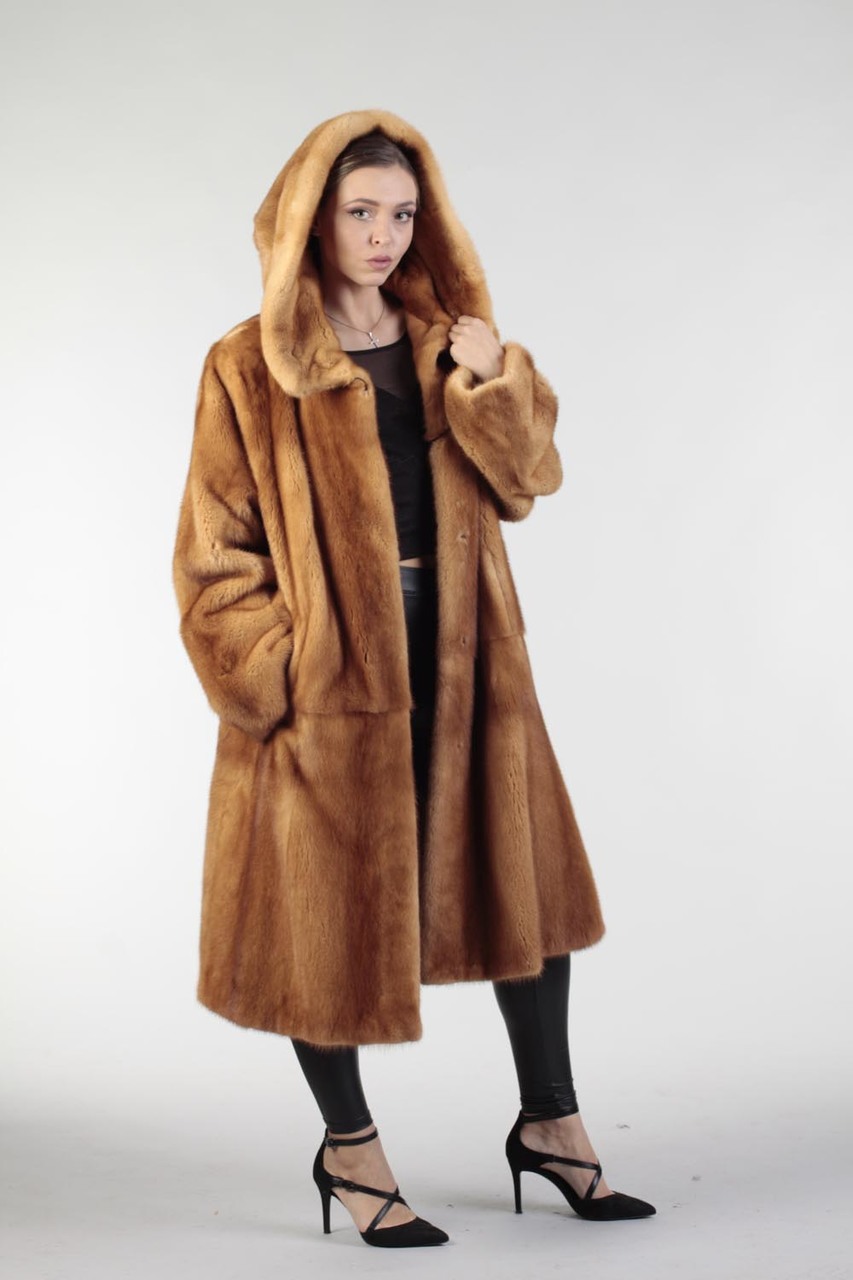 ML Furs  Hooded Espresso Plucked Mid-Length Mink Fur Coat