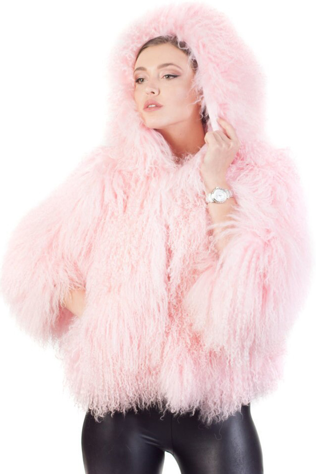 Pink Mongolian Lamb Fur Coat Hood SKANDINAVIK FUR