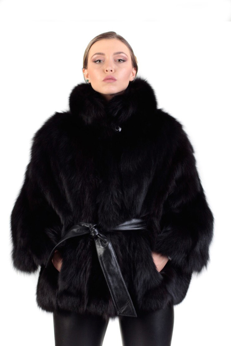 Black Fox Fur Cape & Leather belt | SKANDINAVIK FUR
