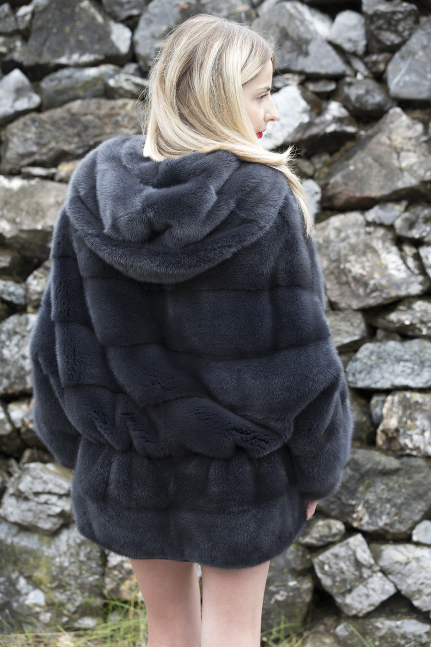 Blue Jean Colored Hooded Mink Fur Coat