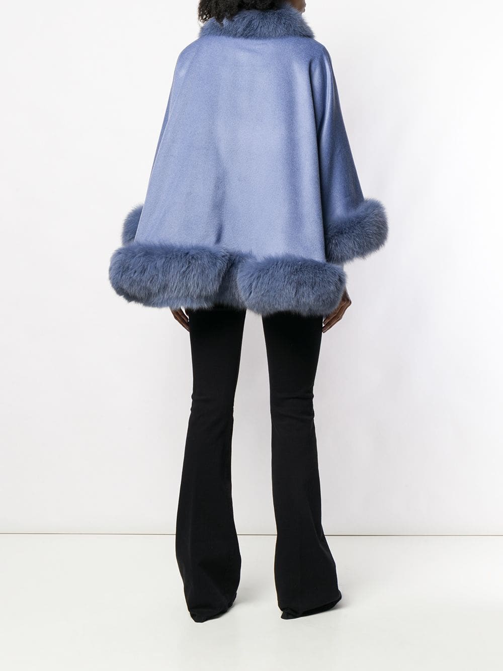 Blue Cashmere Cape With Fox Fur Trim| SKANDINAVIK FUR