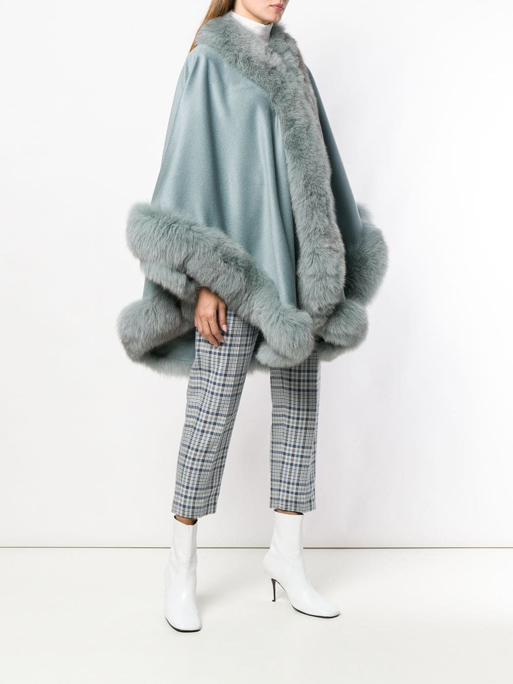Light Blue Cashmere Cape With Fox Fur Trim| SKANDINAVIK FUR