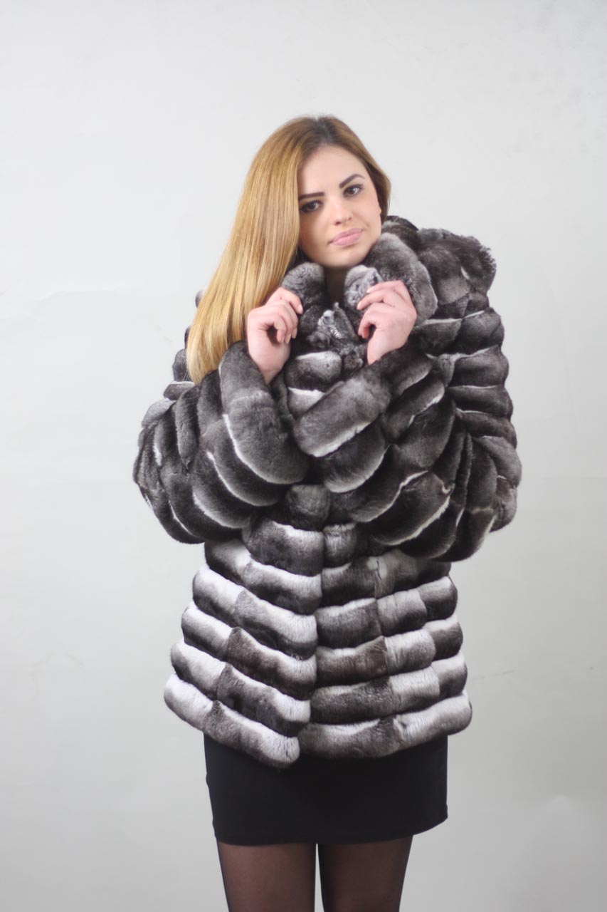 Hooded Chinchilla Coat Mid Hip Length | SKANDINAVIK FUR