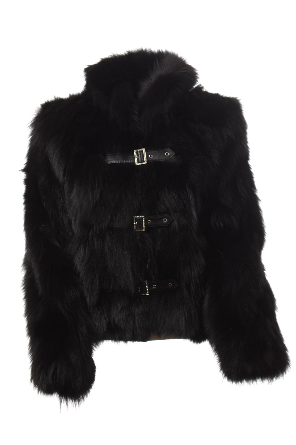 Black Fox Fur Jacket With Leather Buckles | SKANDINAVIK FUR