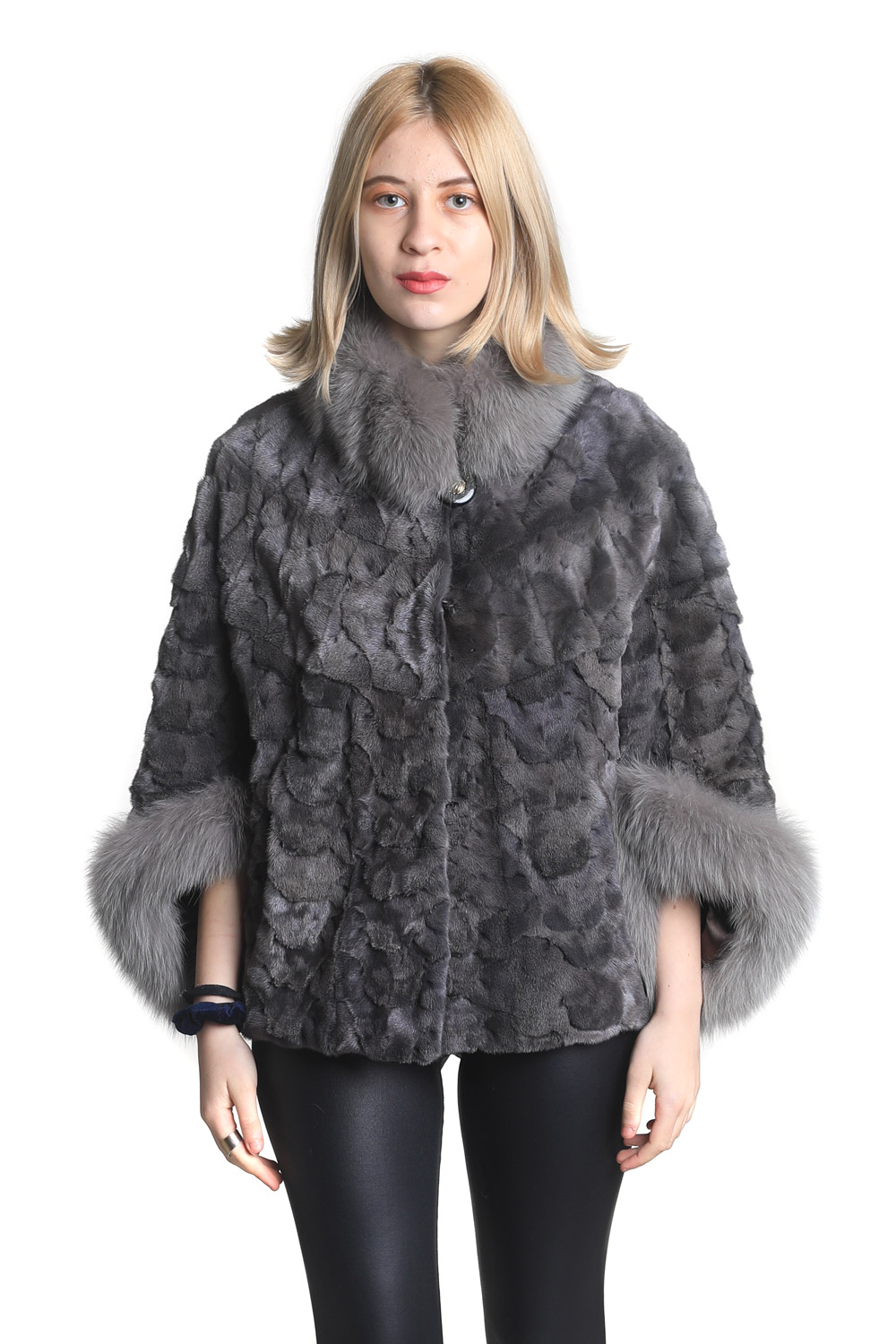 Blue Sectional Mink Fur Jacket Silver Fox Shawl Collar