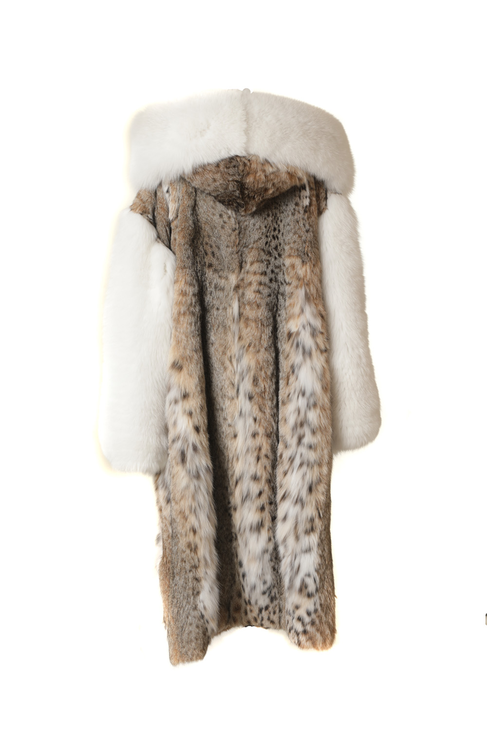 Full Length Lynx Fur Coat White Fox Sleeves Cobra Hood