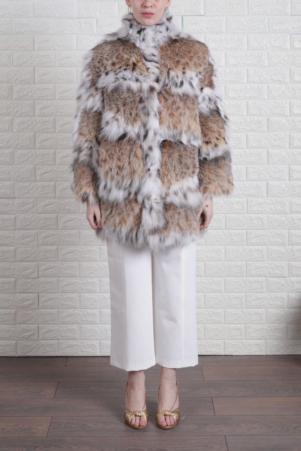 Fur Collar Full Length Lynx Coat Shadow Golden Island Fox Coat