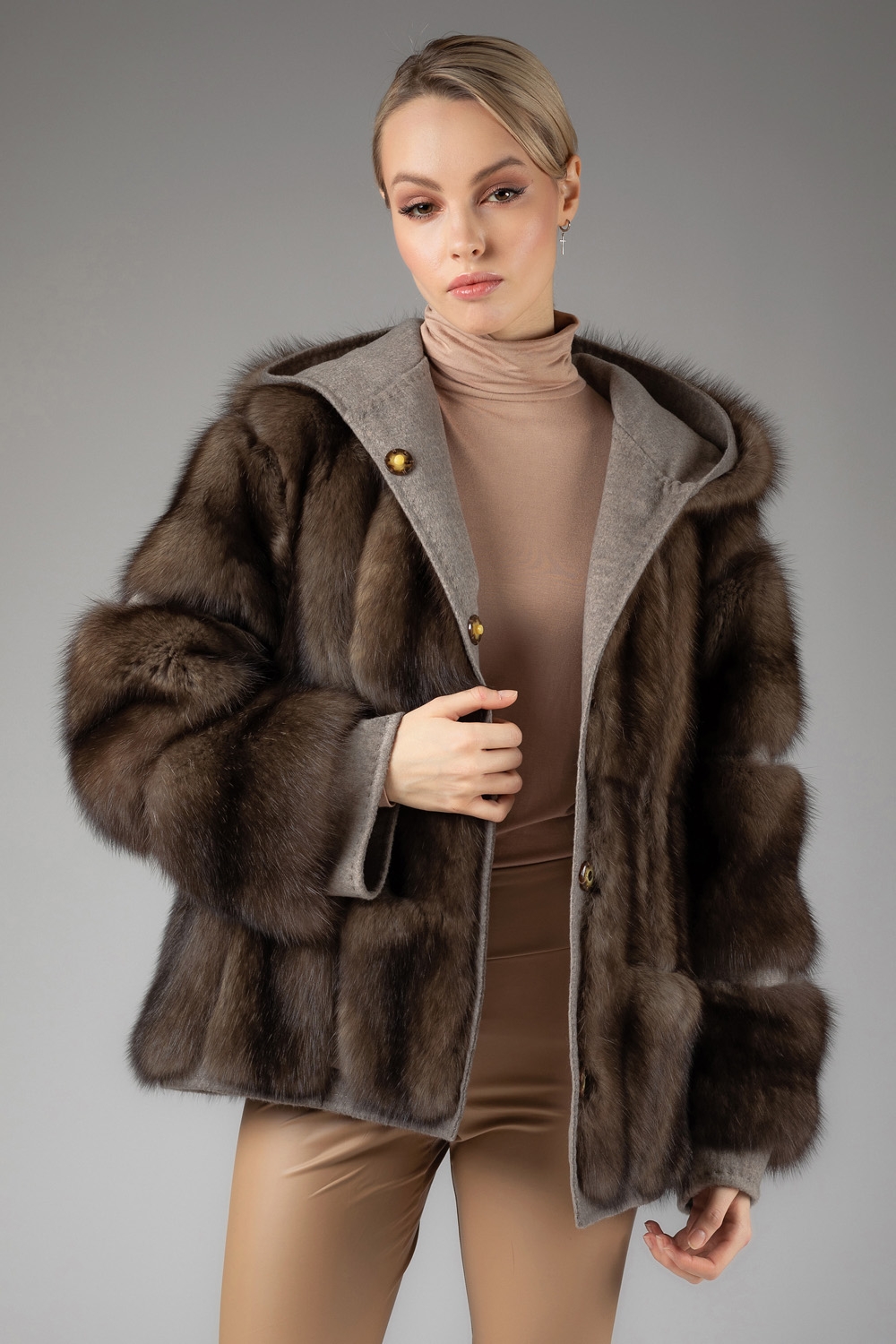 Hooded sable fur coat with cashmere wool details | SKANDINAVIK FUR