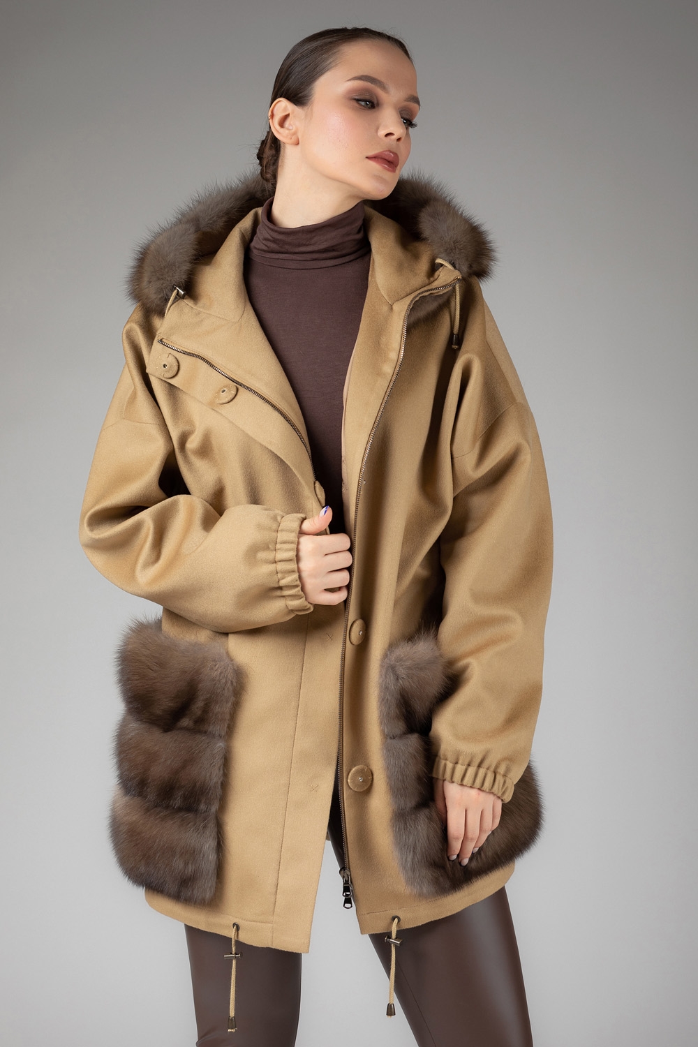 Hooded tan cashmere wool fur coat with sable fur trim