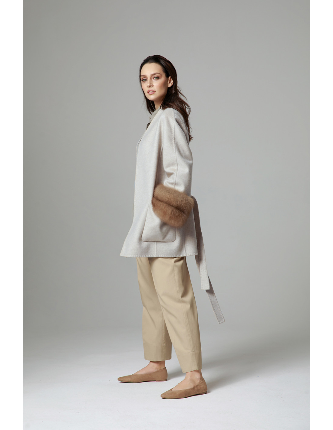 collarless gray cashmere wool coat with sable fur cuffs