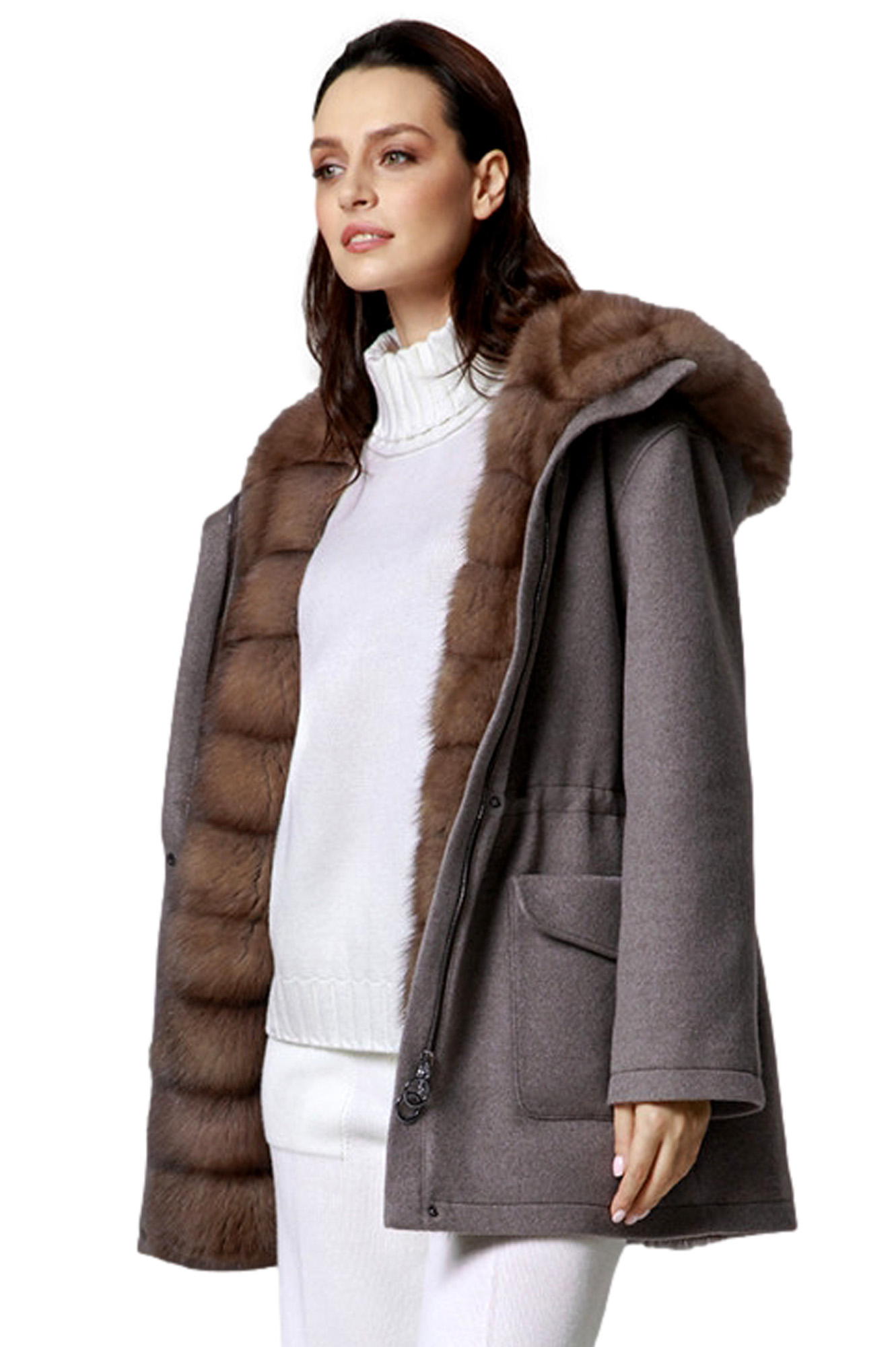 Hooded gray cashmere wool fur coat with sable fur trim