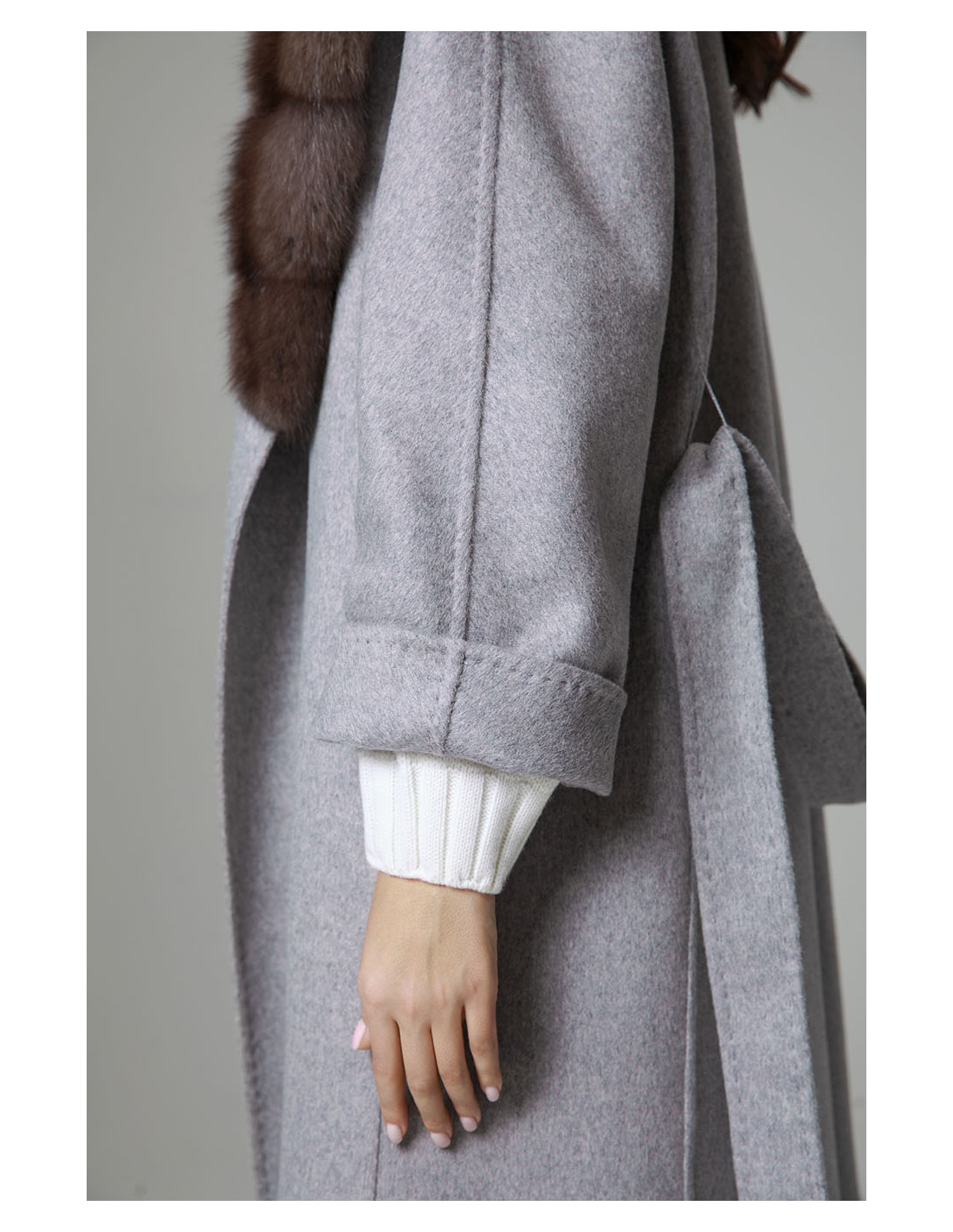 gray cashmere wool fur coat with sable fur collar