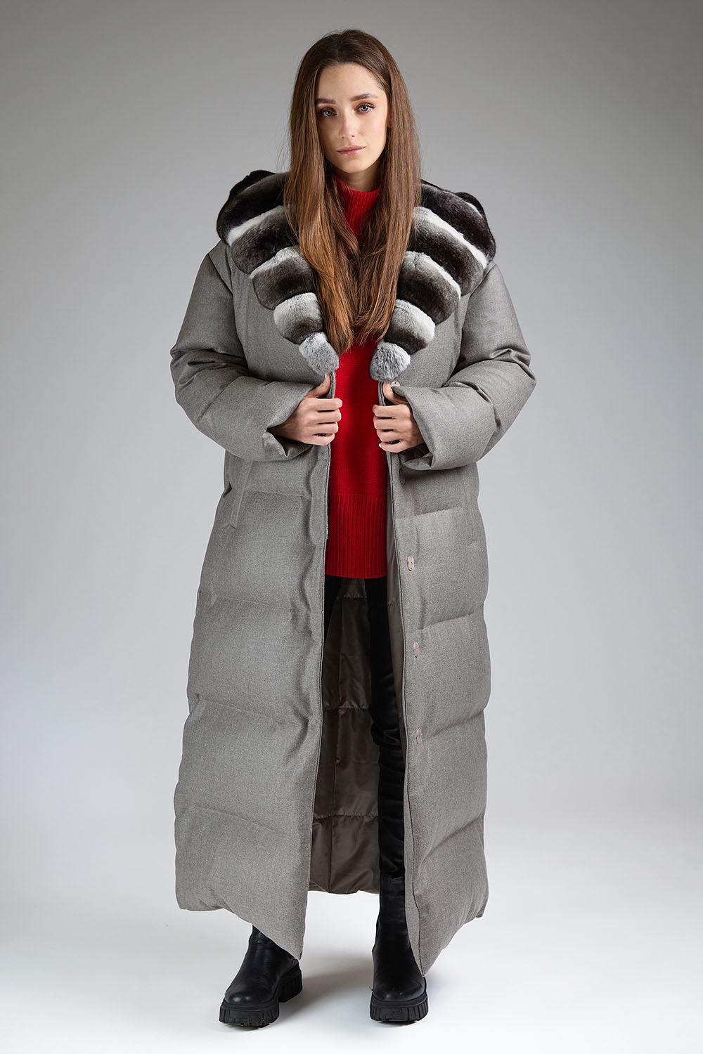 Long Hooded Down Coat with chinchilla fur trim | SKANDINAVIK FUR