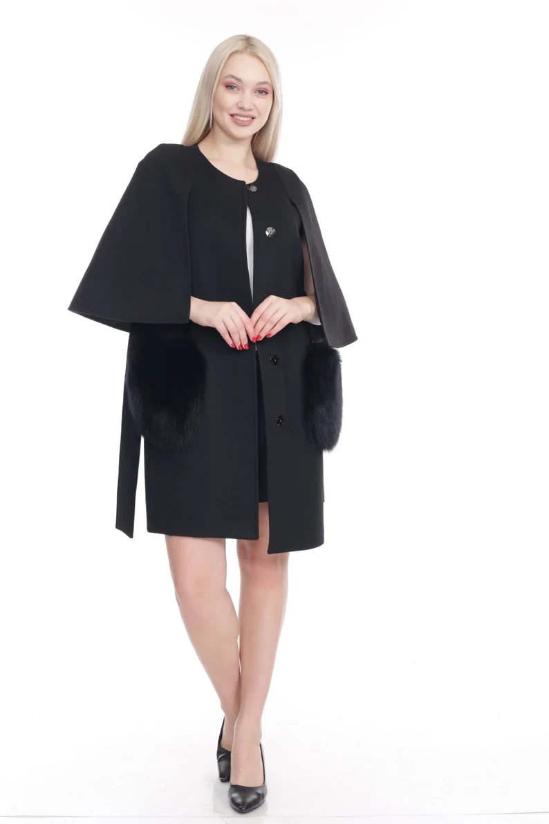 Black Cashmere Wool Coat with Fox pockets | SKANDINAVIK FUR