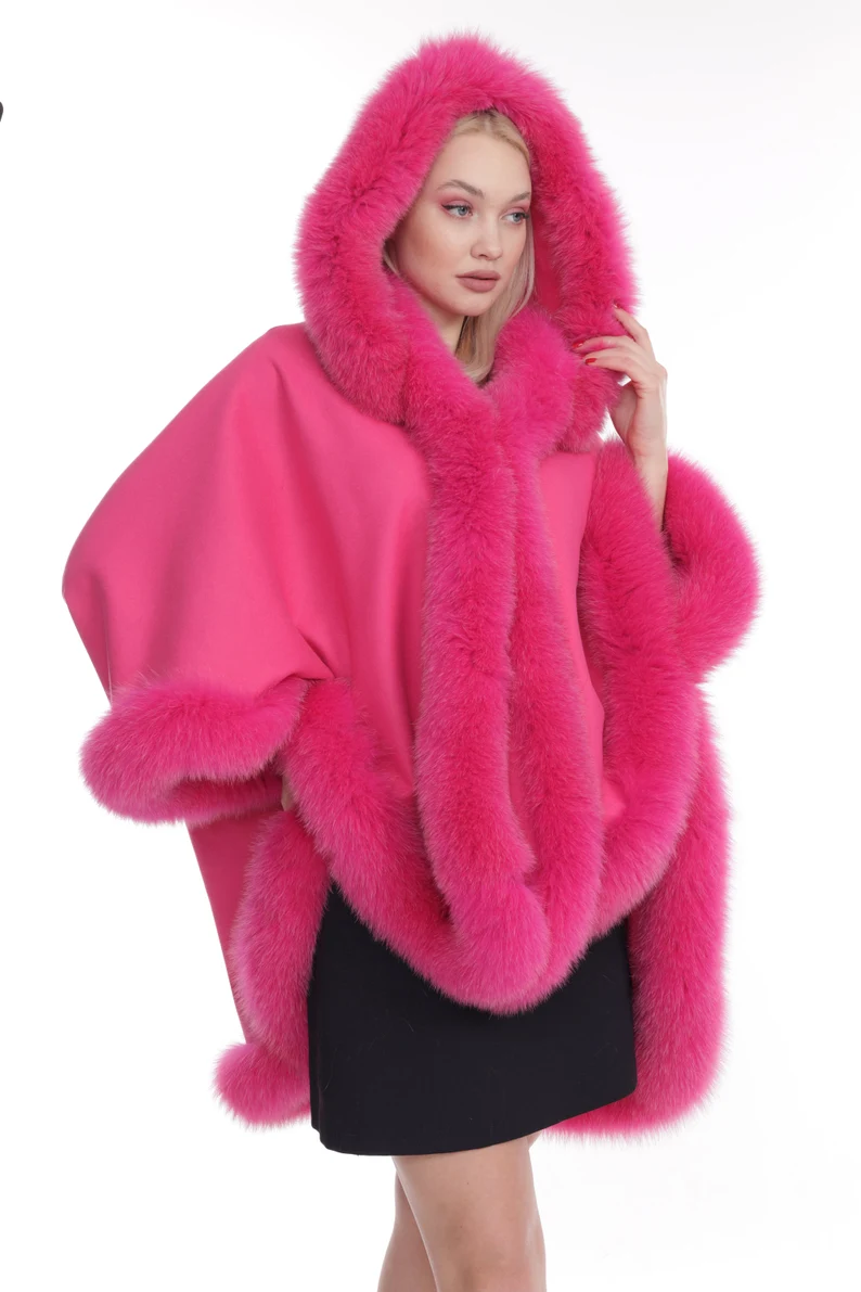 Black Cashmere Wool Cape Hooded Fox Trim | SKANDINAVIK FUR