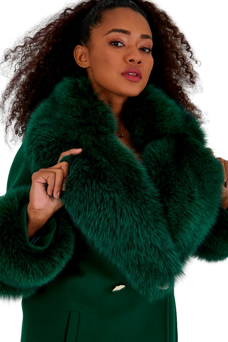 Green Cashmere Wool Coat with Fox Collar | SKANDINAVIK FUR