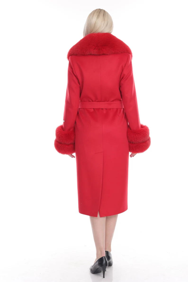 Red Cashmere Wool Coat with Fox Collar & Trim | SKANDINAVIK FUR