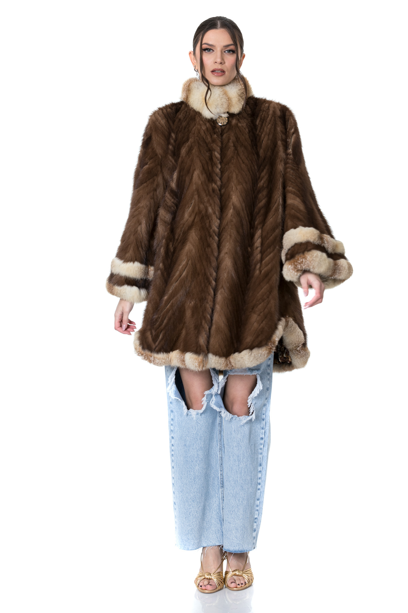 Brown mink fur coat with fox trim | SKANDINAVIK FUR