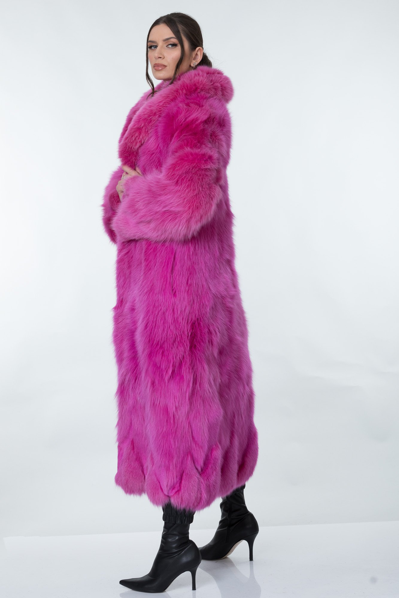 Full length neon pink fox fur coat with shawl fox collar