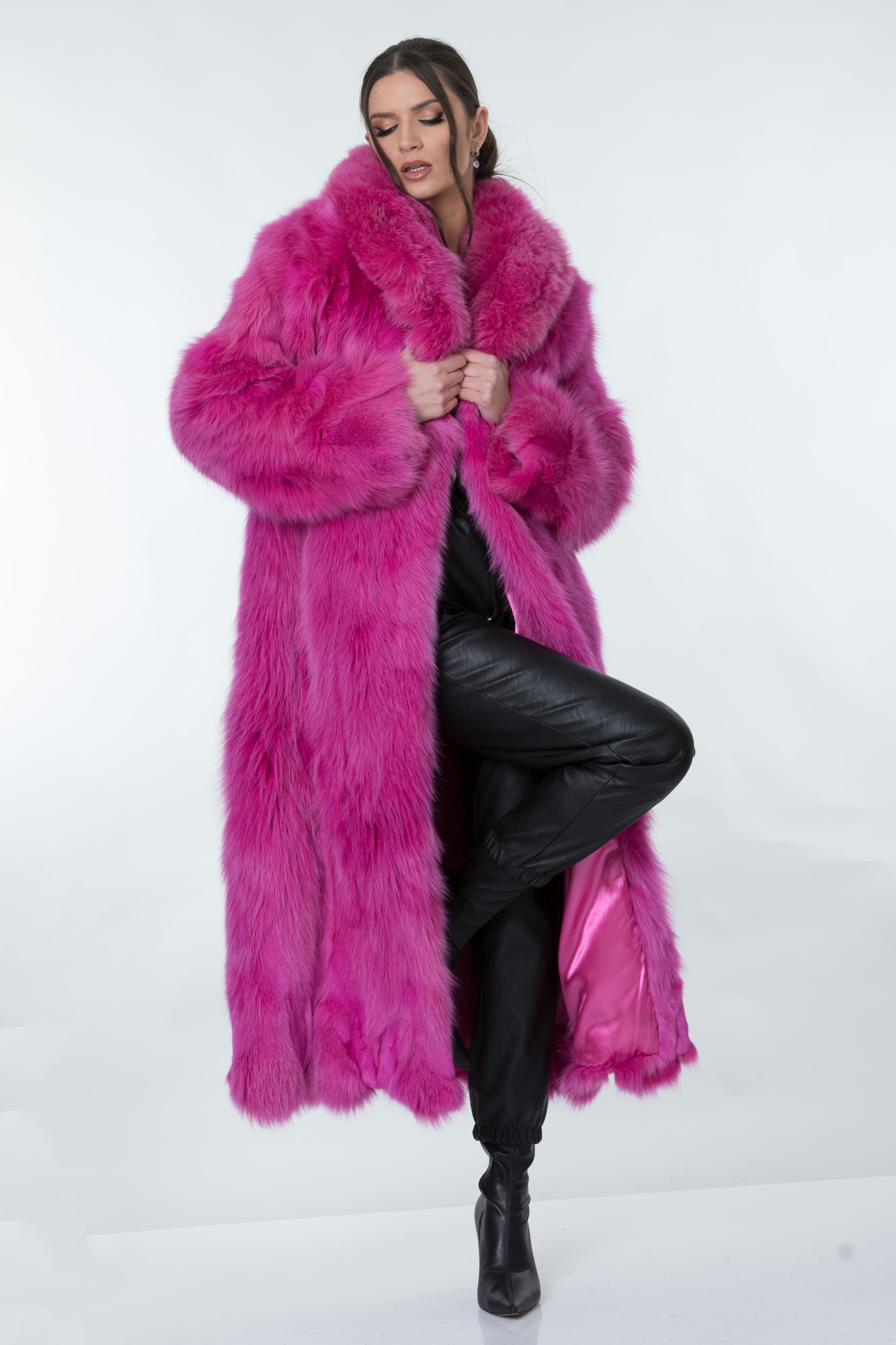 Full length neon pink fox fur coat with shawl fox collar