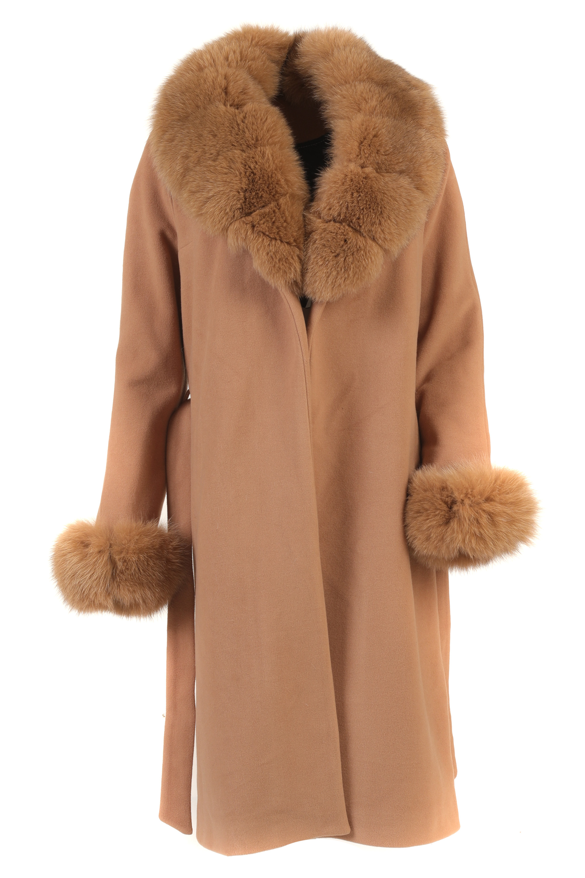 Light Brown Cashmere wool fox fur collar and cuffs detachable