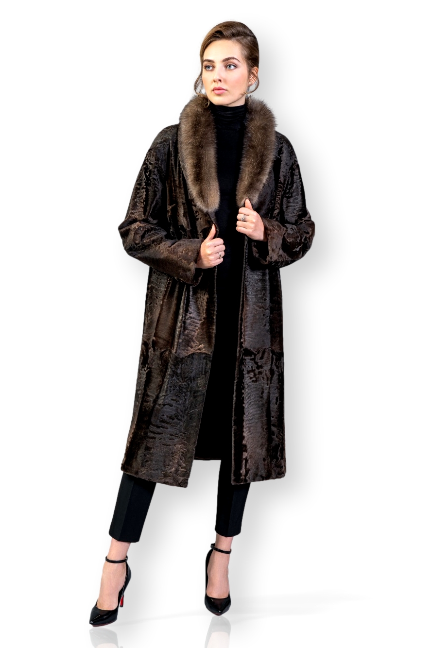 Brown Broadtail Coat Sable Collar Aline | SKANDINAVIK FUR