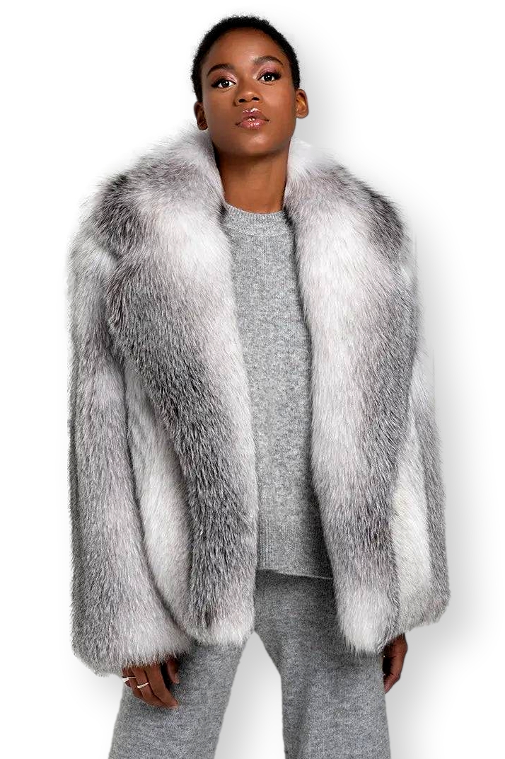 ★NOFFICIALNOFFICE★CURLY FUR SHAWL JACKET GRAY★正規品/人気 Arctic Marble Fox Coat Shawl Collar | SKANDINAVIK FUR