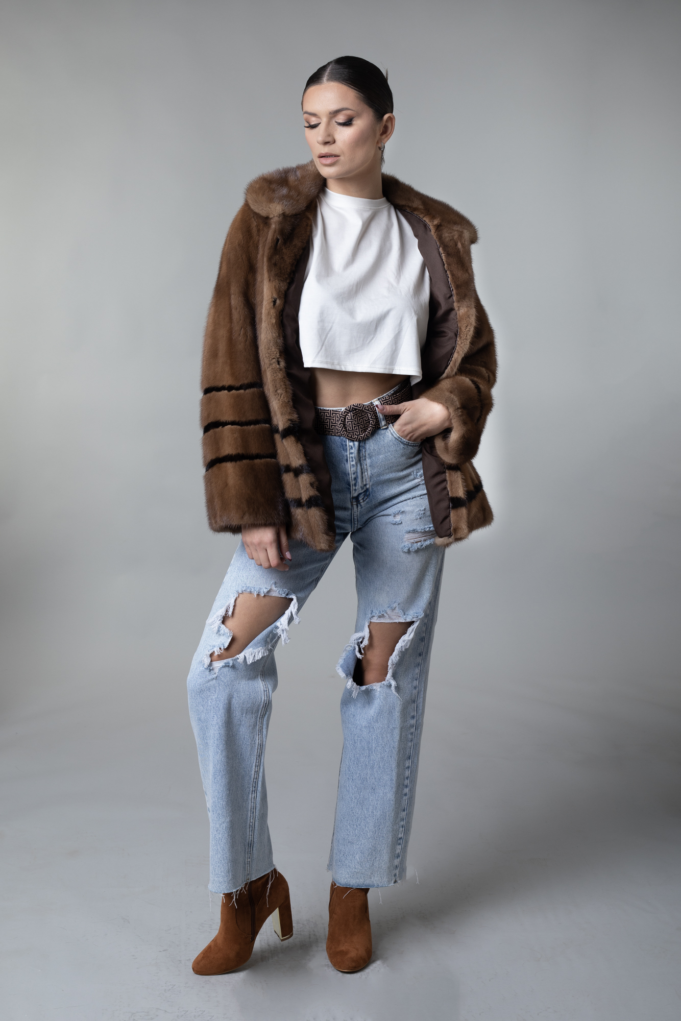 Brown Mink Fur Coat Stand Up Collar Striped Hip Length