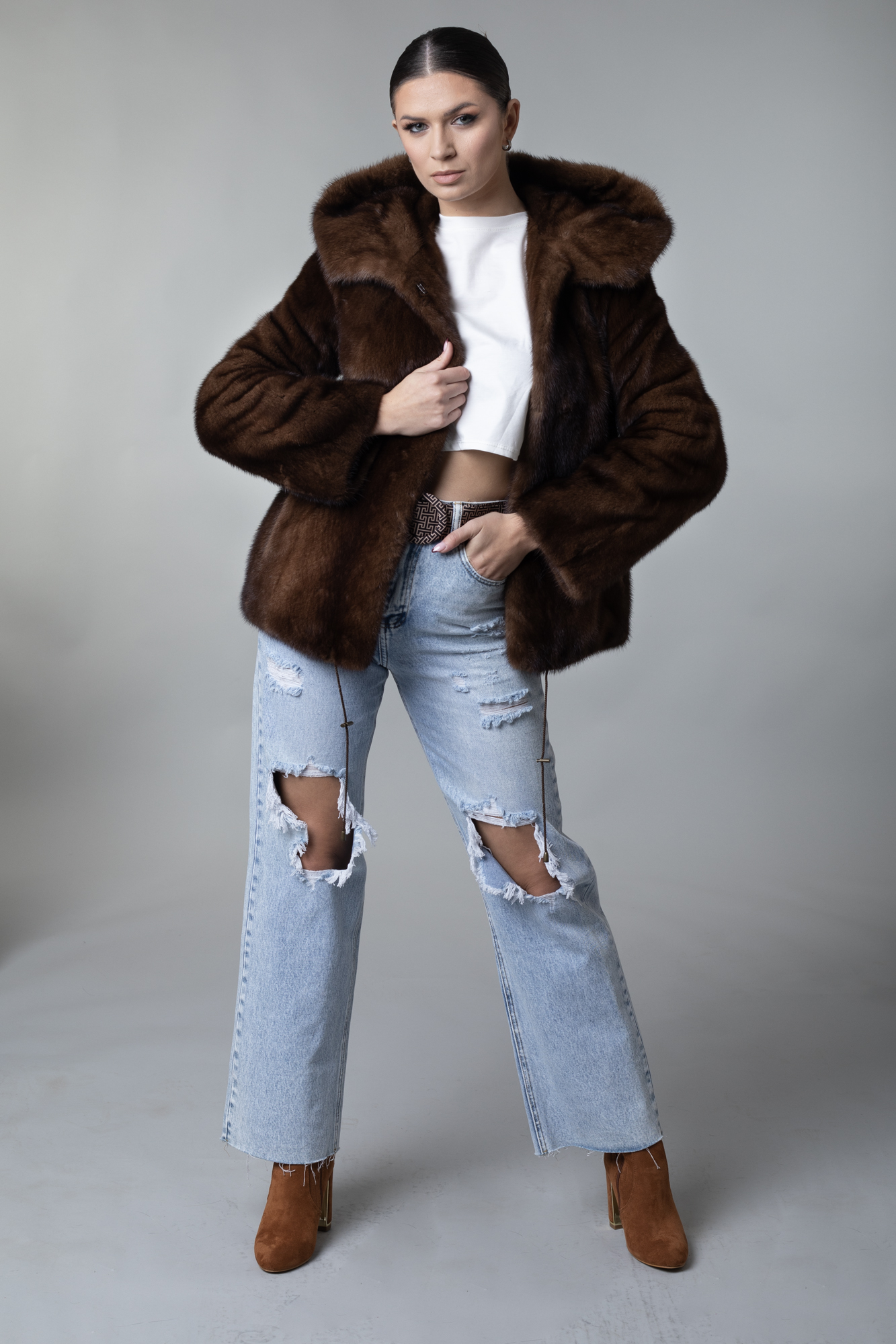 Mahogany Hooded Mink Fur Bomber Jacket | SKANDINAVIK FUR