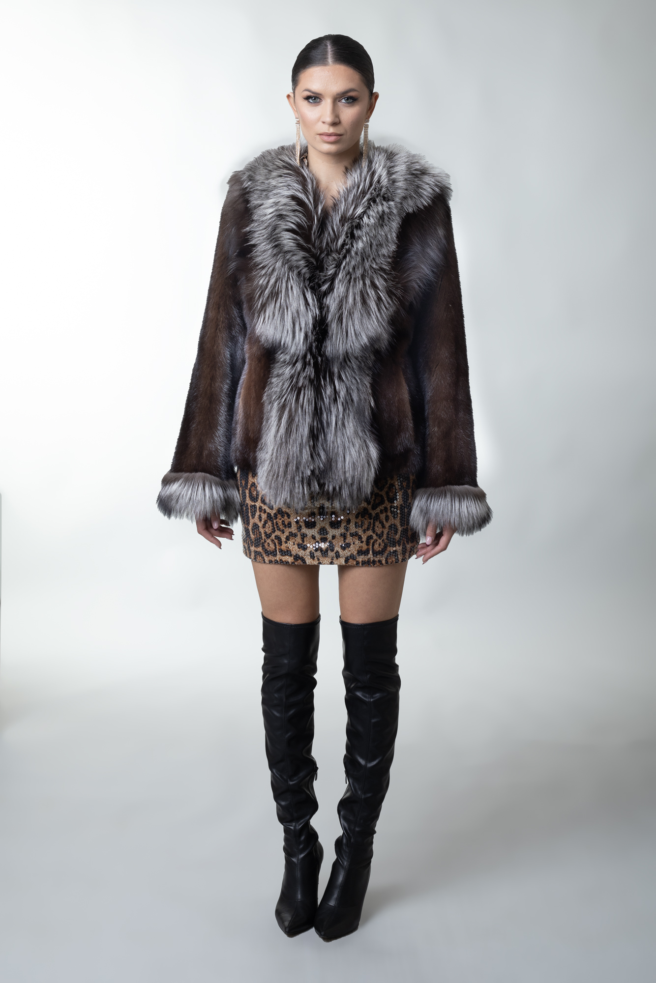 Mahogany Mink Fur Jacket Silver Fox Collar & Cuffs | SKANDINAVIK FUR