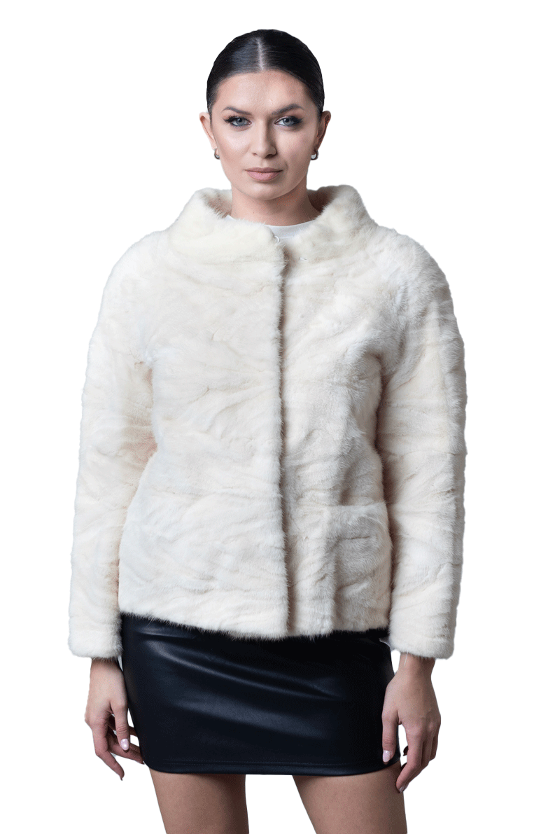 Tan Mink Fur Jacket Waist Length Rhinestone Sleeve Chain