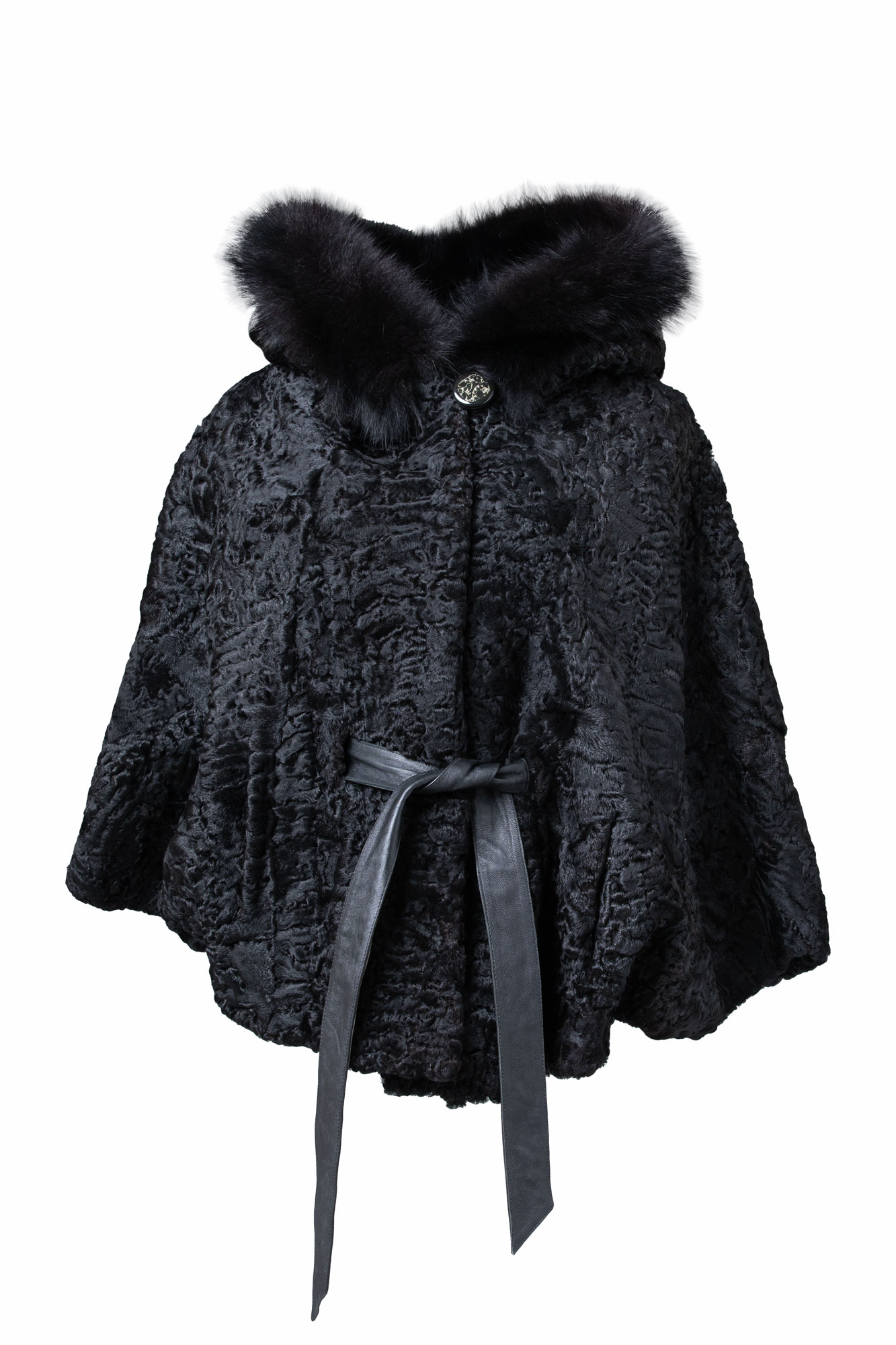 black astrakhan cape hooded with fox trim leather belt