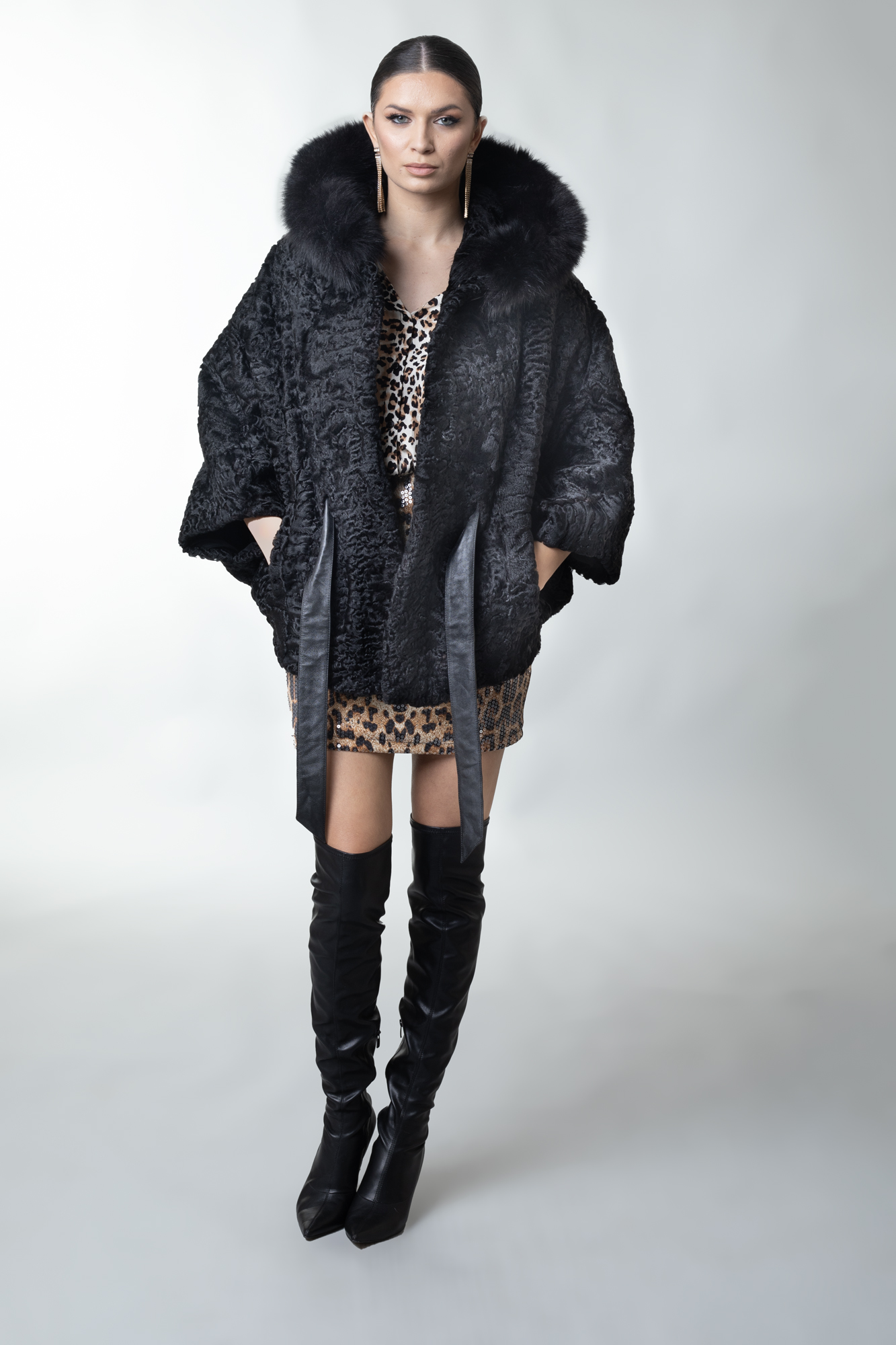 ジャケット Black Fur Astrakan Collar Jacket Astrakhan Fur Jacket Wide Collar.100% Real Fur Coats and