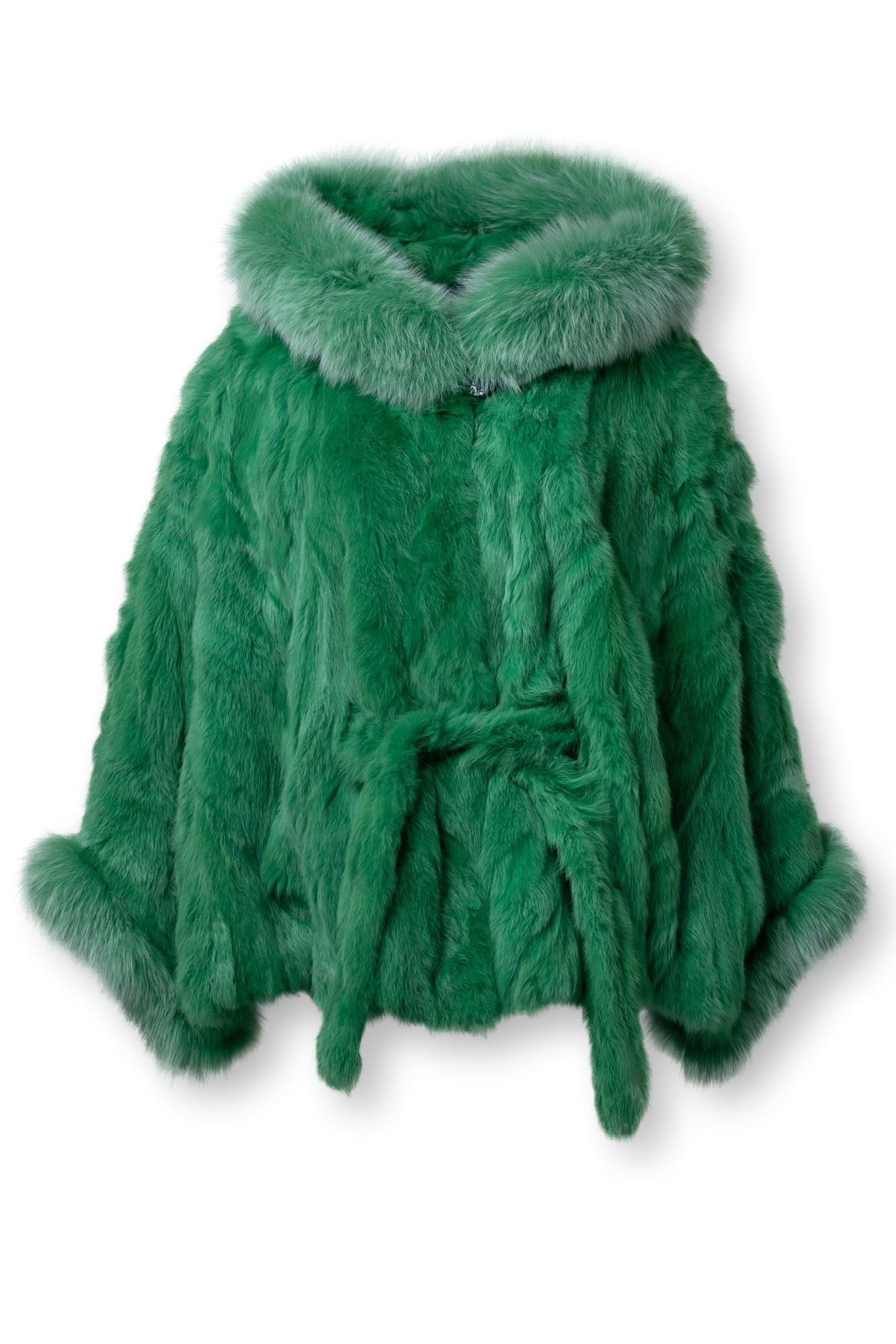 GREEN Rex Hooded Fur Cape Belt FOX FUR TRIM | SKANDINAVIK FUR