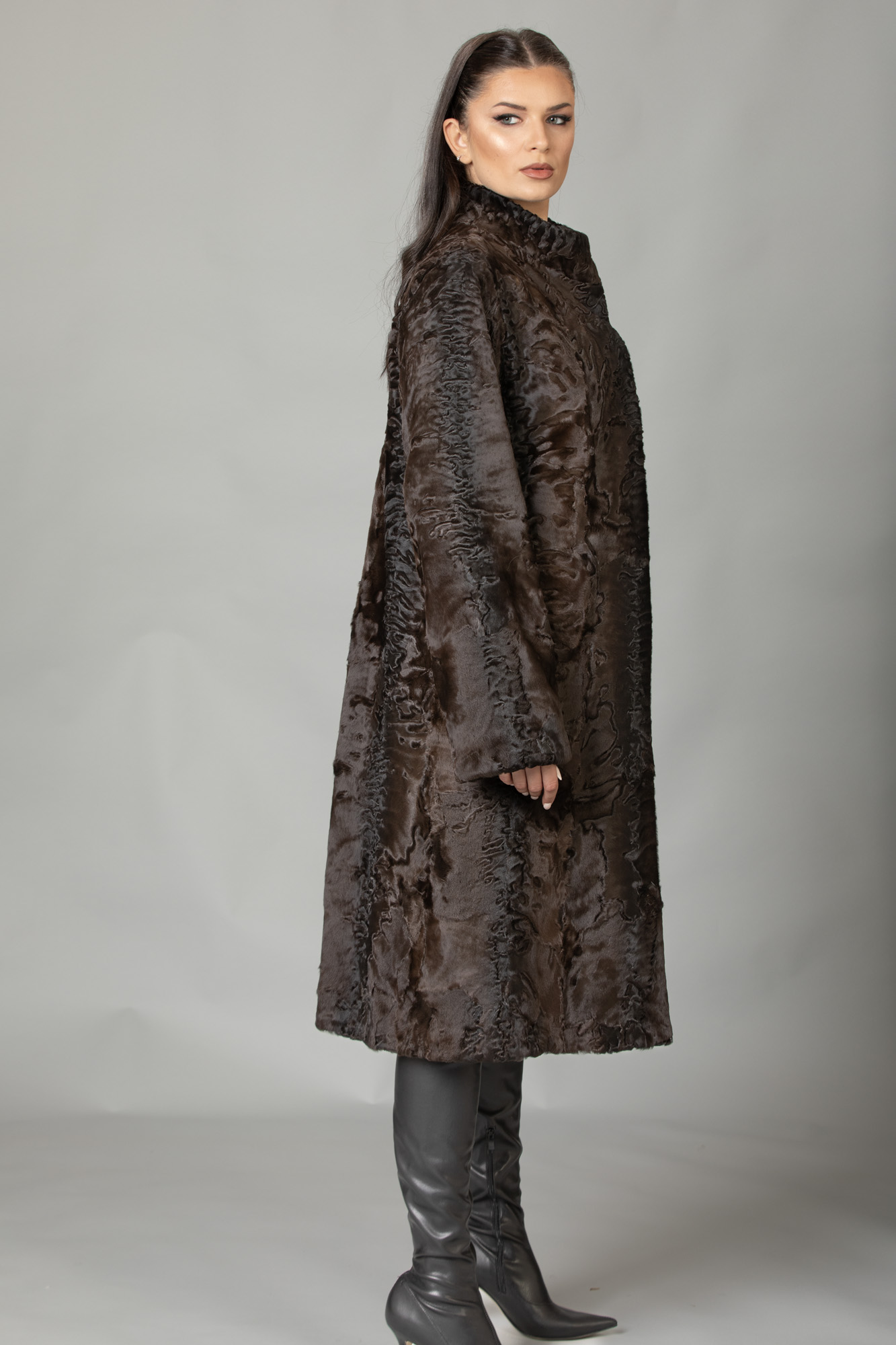 Brown SWAKARA Lamb Fur Long Coat | SKANDINAVIK FUR