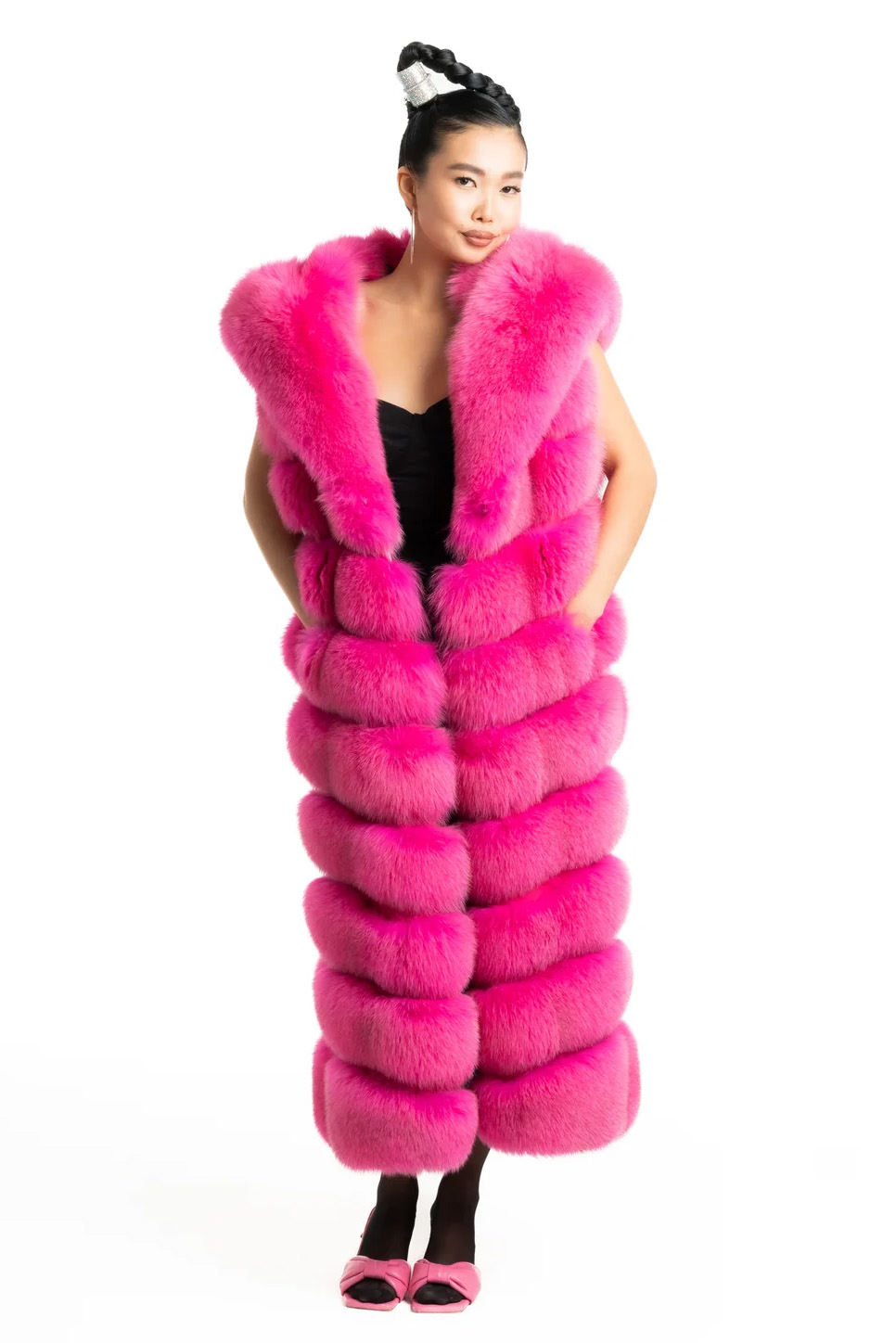 Fuchsia Long Fox Fur Vest Hooded | SKANDINAVIK FUR