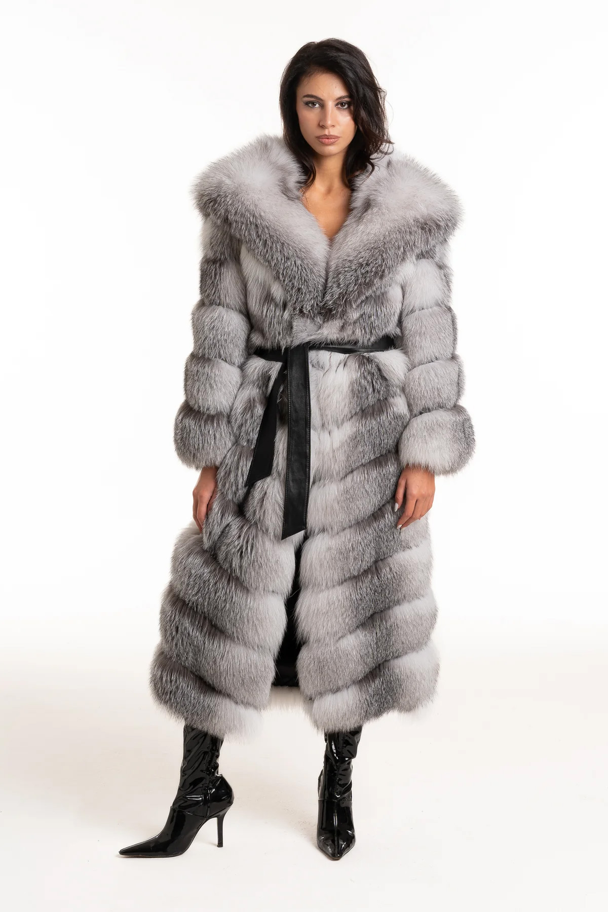 Long Blue Fox Fur Coat Hooded | SKANDINAVIK FUR