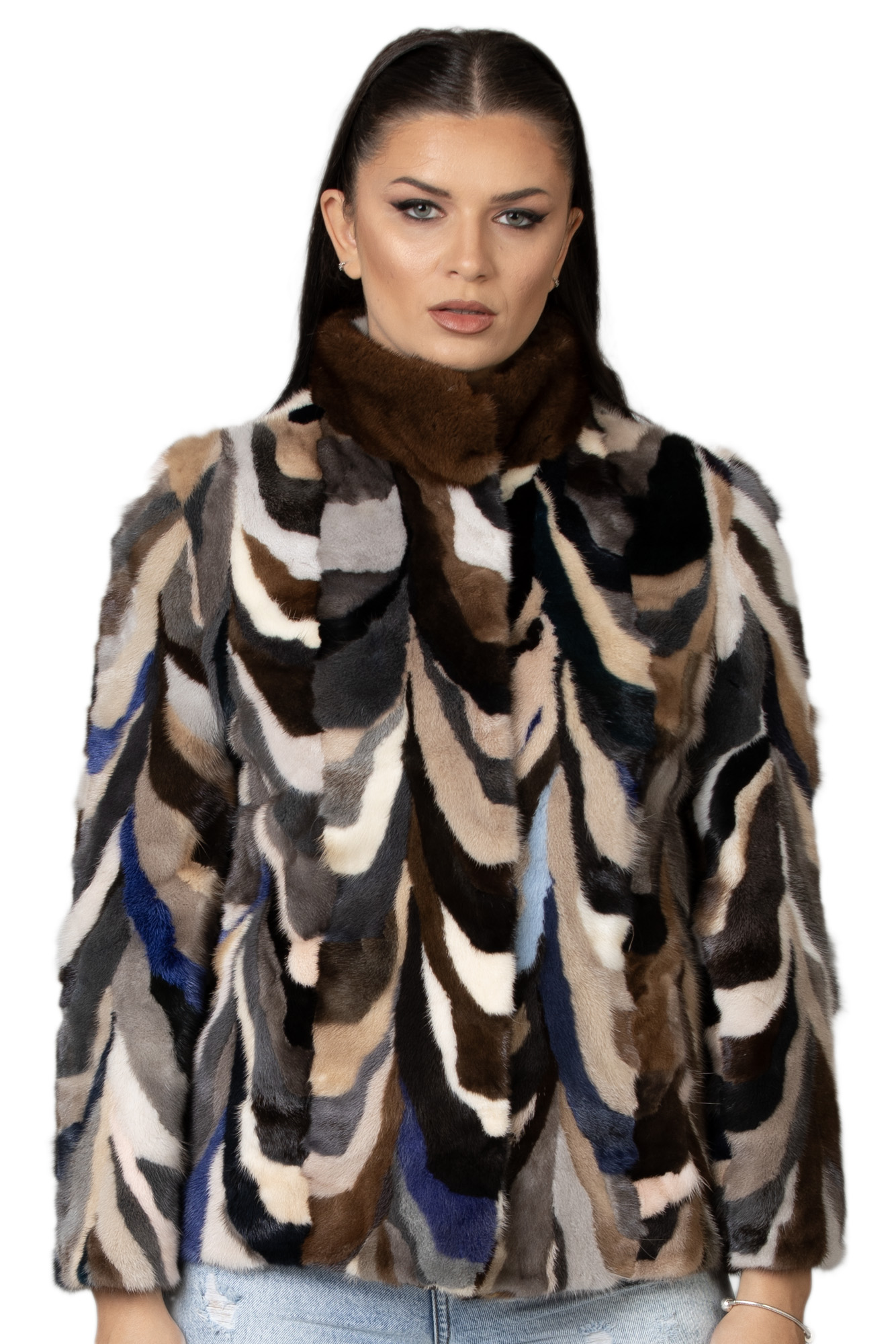 Multicolor Mink Fur Jacket Stand Up Collar | SKANDINAVIK FUR